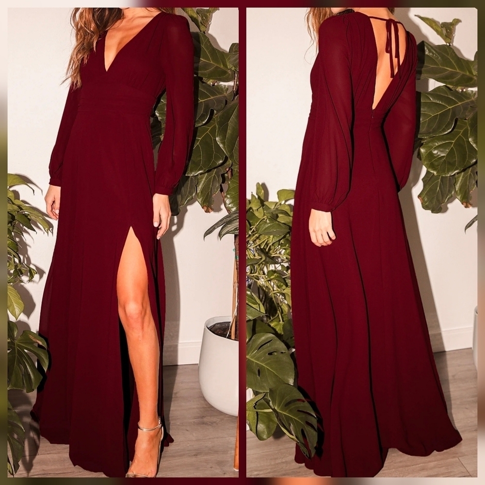 Lulus Love You So XL Burgundy Long Sheer Sleeve Ruched Waist Maxi Dress, Size XL